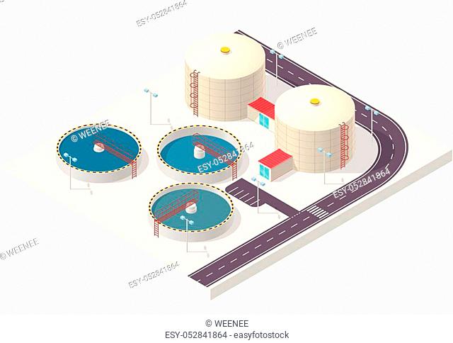 Water treatment isometric building info graphic, big bacterium purifier factory on white background. Scientific illustration