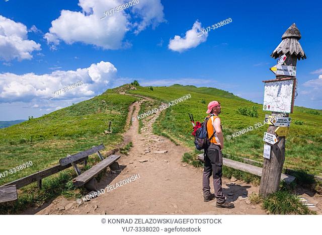 Tourist trail at Orlowicz mountain pass, part of Wetlina High Mountain Pasture in Western Bieszczady Mountains in Poland