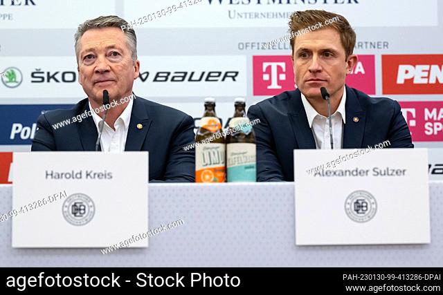 30 January 2023, Bavaria, Munich: Harold Kreis (l), new national ice hockey coach, and Alexander Sulzer, new national ice hockey co-coach