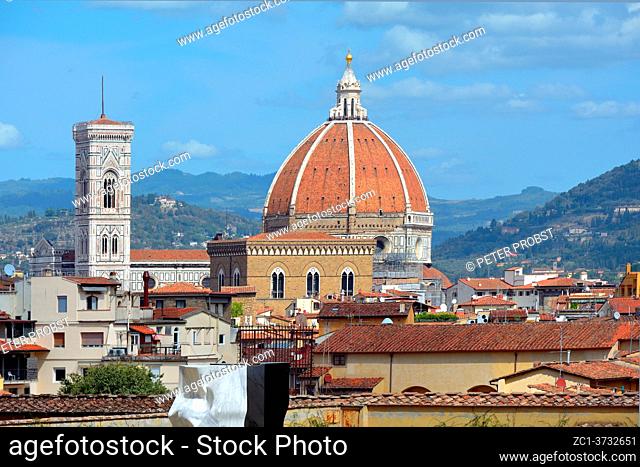 View from the Boboli Gardens to the Cathedral of Santa Maria del Fiore and the Giottos campanile of Florence - Italy