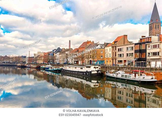 Picturesque embankment of the river Leie in Ghent, Belgium