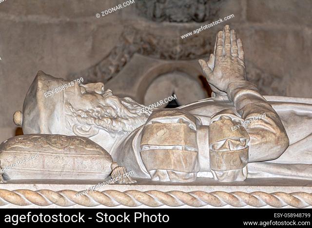 Lisbon, Portugal - March 5, 2016: Tomb of Vasco da Gama in the Jeronimos monastery in Lisbon