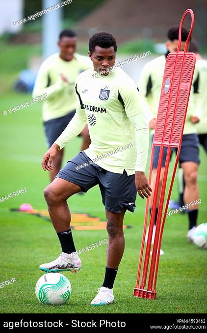 Anderlecht's Ishaq Abdulrazak pictured in action during a training session of Belgian soccer team RSC Anderlecht, Wednesday 12 April 2023 in Brussels