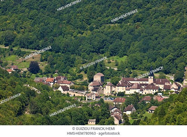 France, Jura, Baume les Messieurs, labeled Les Plus Beaux Villages de France The Most Beautiful Villages of France, dominated by steep cliffs