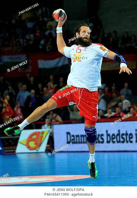 Denmark's Jesper Noddesbo in action during the 2016 Men's European Championship handball group 2 match between Germany and Denmark at the Centennial Hall in...