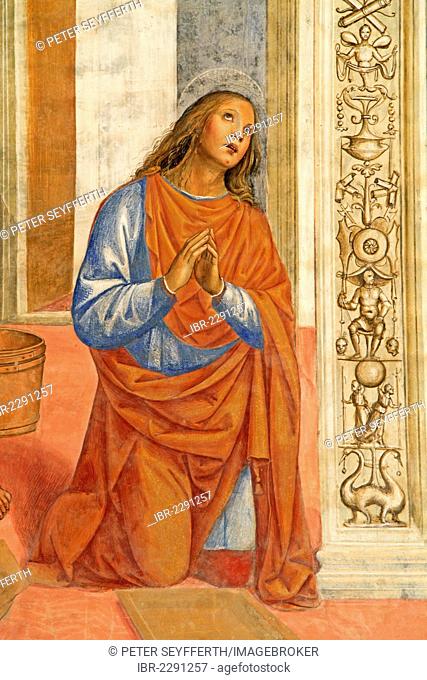Fresco, life of St. Benedict, fresco by Sodoma, detail view of picture 3, cloister of Abbazia di Monte Oliveto Maggiore, monastery, Tuscany, Italy, Europe