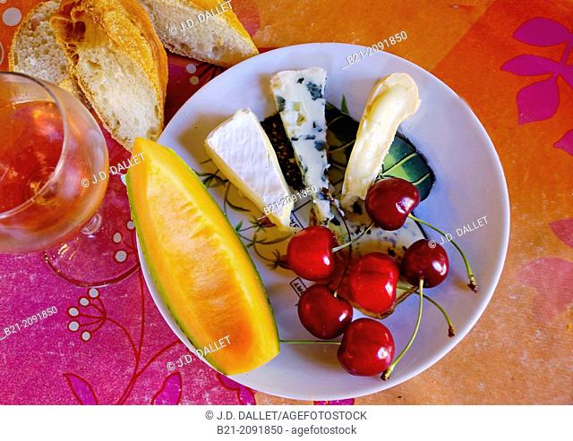 Melon and cherries with Camenbert, Roquefort and Reblechon cheeses, Dordogne, Aquitaine, France