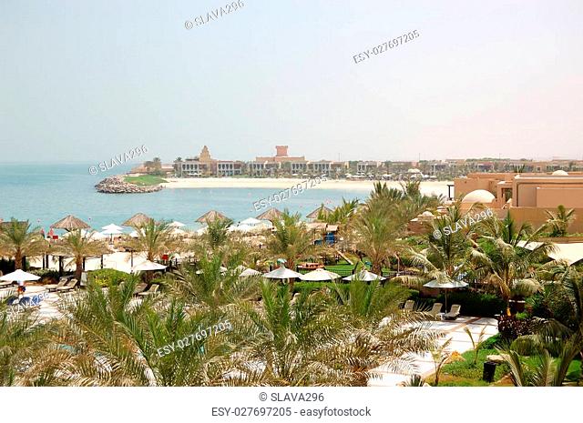 Recreation area of luxury hotel and beach with luxury villas, Ras Al Khaimah, UAE