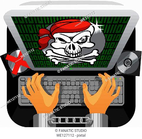 Handcuffed person's hand using a keyboard with anti piracy message flashed on the computer screen