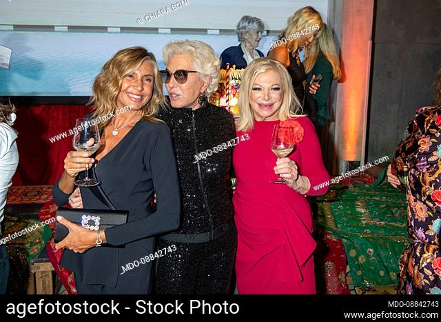 Italian designer Chiara Boni with the journalist Mirta Merlino and the actress Sandra Milo on the occasion of the party for the 50 years of activity of the...