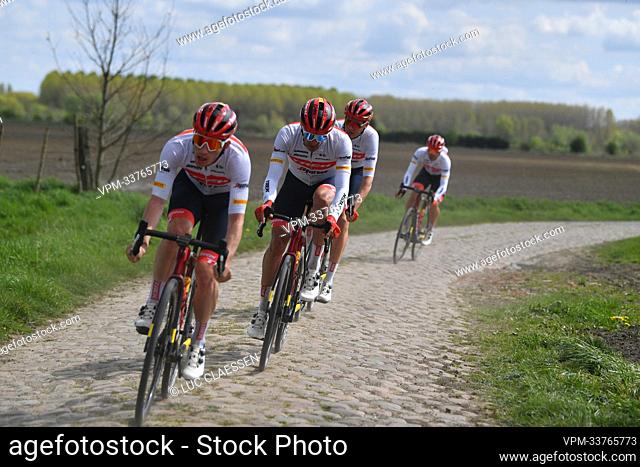 Belgian Otto Vergaerde of Trek-Segafredo and Belgian Jasper Stuyven of Trek-Segafredo pictured in action during preparations ahead of the 119th edition of the...