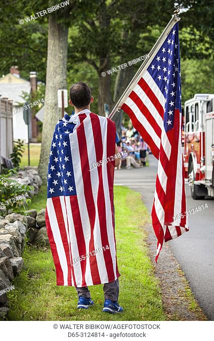 USA, New England, Massachusetts, Cape Ann, Rockport, Fourth of July Parade, US flags