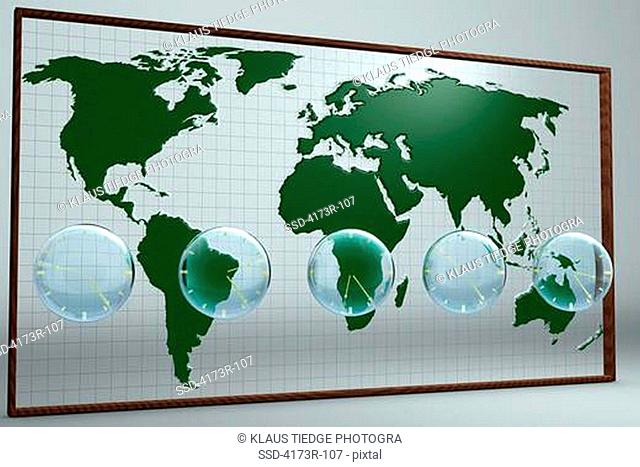 3D composing of world map showing different time zones