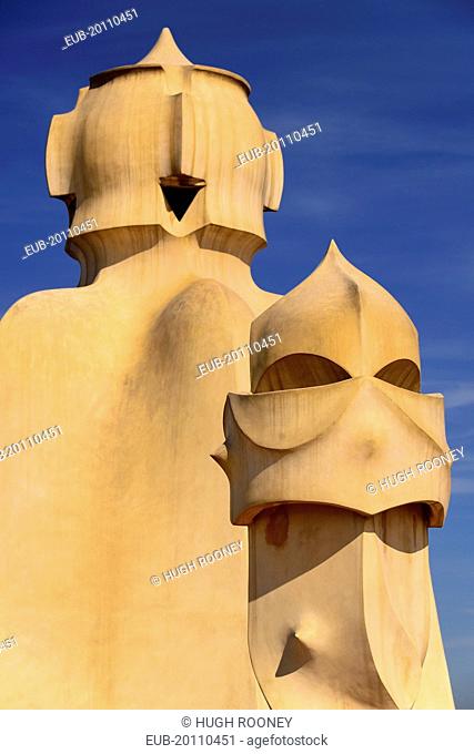 Antoni Gaudis La Pedrera building a section of chimney pots on the roof terrace