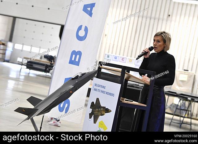 Defence minister Ludivine Dedonder talks during the inauguration ceremony of Sabca's new production hall for the horizontal tailplane of the F-35 fighter...