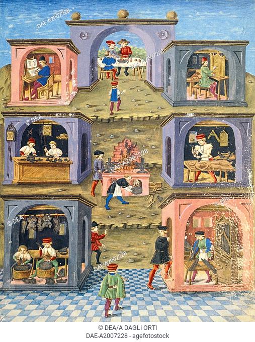 Craftsmen at work, miniature from De Sphaera by Leonardo Dati, Latin Manuscript folio 209 verso 11, 1470, Italy.  Modena, Biblioteca Estense (Library)