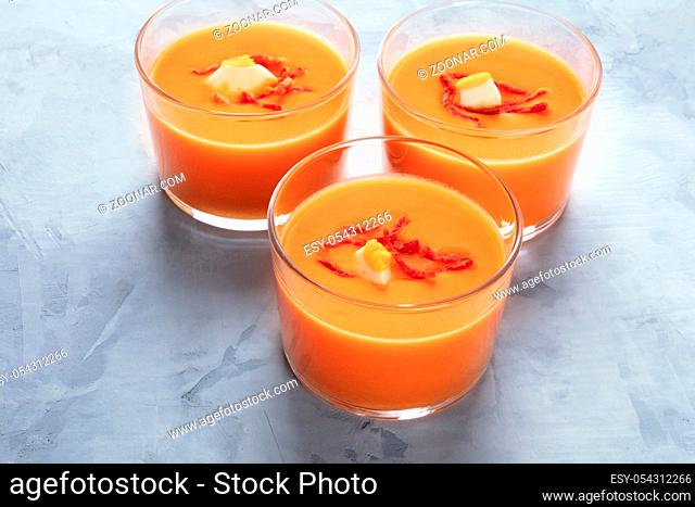 Salmorejo, Spanish cold tomato and bread soup, served in glasses, with copy space