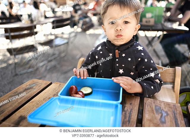 toddler child with healthy lunch box at table outdoors, at Herrenchiemsee, Chiemsee, Bavaria, Germany
