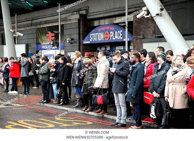 Finsbury Park, North London, The tube strike in London closes stations and causes disruption to commuters. Bus stops are more busy than normal and commuters are...