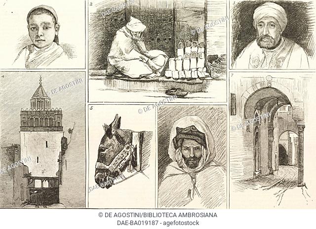 1 A Tunisian child, 2 A slipper seller, 3 A Moorish merchant, 4 The minaret of the Great Olive Tree Mosque, 5 An Arab steed, 6 A Bedouin of the Interior