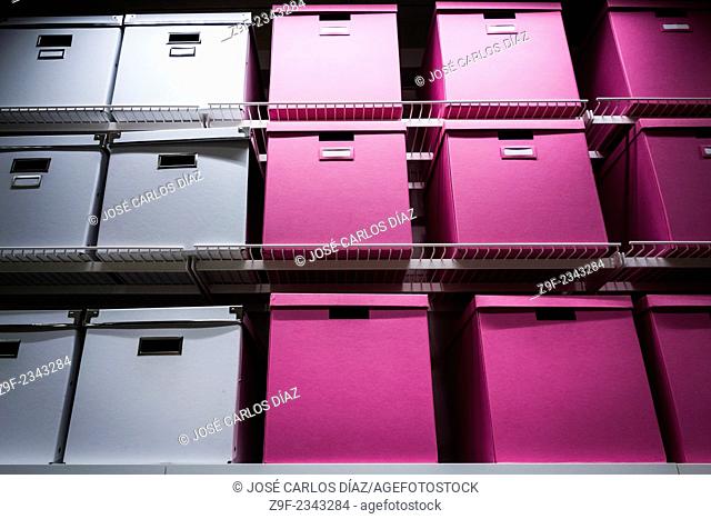 Boxes for storing and archiving in a store, Valencia, Spain