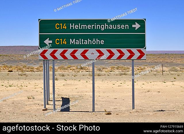 Traffic sign on a Ueberlandstrasse, taken on 28.02.2019. Place names, some of which sound German, provide clear indications of the German past and influences in...
