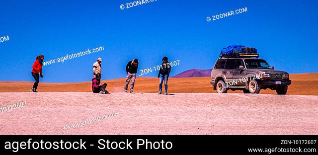 Eduardo Avaroa Andean Fauna National Reserve, BOLIVIA September 20, 2015: A Jeep Tour through the Bolivian Salt Desert Uyuni is a popular touristic activity on...