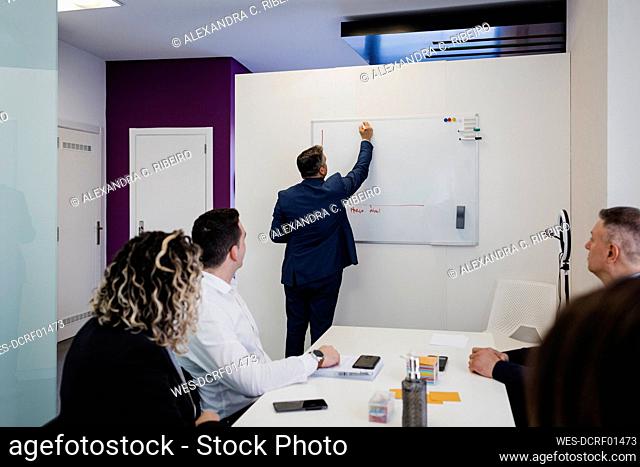 Mature businessman explaining strategy on white board in meeting at office