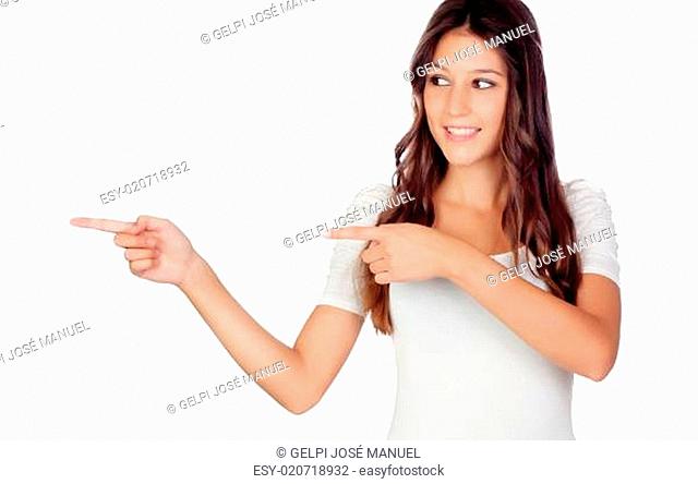 Attractive casual girl pointing at side something