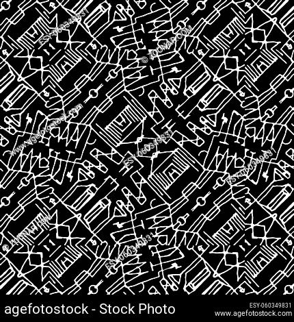 Mixed media technique abstract tribal geometric pattern design in black and white colors