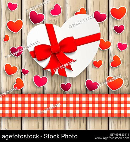 White paper gift with checked towel on the wooden background. Eps 10 vector file