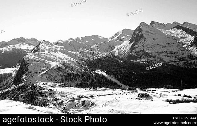 Rolle pass winter view, San martino di Castrozza, Italy. Mountain landscape