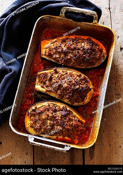 Aubergines stuffed with mince