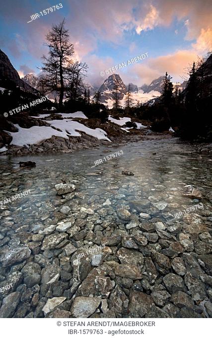 Mountain stream in the evening light below the Seebensee Lake in the Mieming Range near Ehrwald and Zugspitze Mountain, Tyrol, Austria, Europe