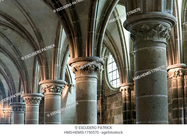 France, Manche, Mont Saint Michel bay, listed as UNESCO World Heritage, the Mont Saint Michel, the Salle des Chevaliers (Knights' room) also called scriptorium