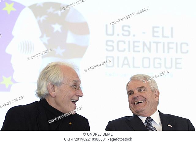 L-R French scientist Gerard Mourou who was awarded the 2018 Nobel Prize for Physics for his invention of chirped pulse amplification (CPA) speaks with U