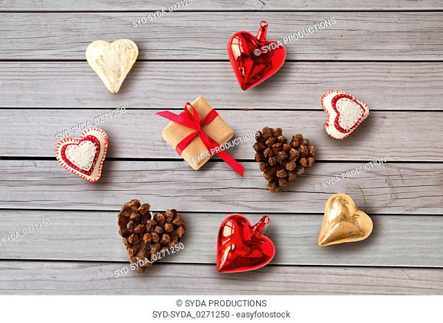 christmas gift and heart shaped decorations