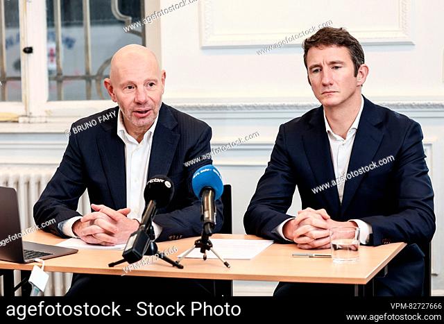former Walloon parliament clerk Frederic Janssens and Lawyer Pierre Joassart pictured during a hearing with the head clerk of the Walloon parliament, in Namur