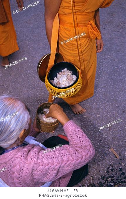 Novice monk receiving alms in the early morning, Luang Prabang, Laos, Indochina, Asia