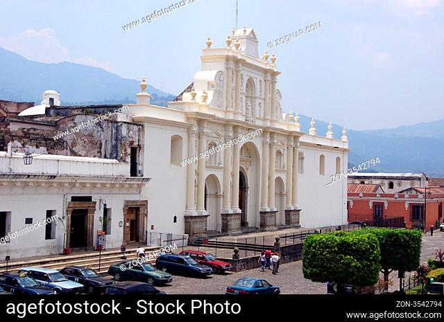 Facade of old cathedral on the main square of Antigua Guatemala