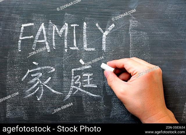 Family - word written on a blackboard with a Chinese translation
