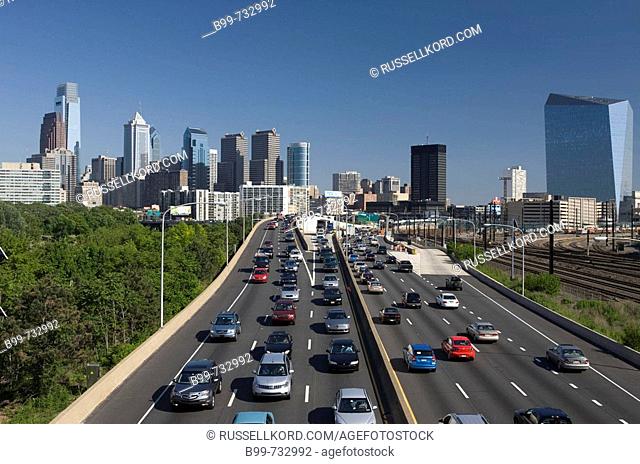 Interstate 76 Schuylkill Expressway Downtown Skyline  Philadelphia  Pennsylvania  USA
