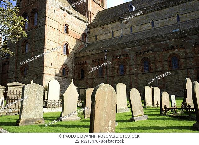 12th century Romanesque Saint Magnus cathedral cemetery in Kirkwall, Orkney, Scotland, Highlands, United Kingdom