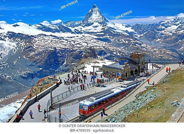 Mountain station of the Gornergratbahn 3089m with Matterhorn 4478m, Zermatt, Mattertal, Valais, Switzerland