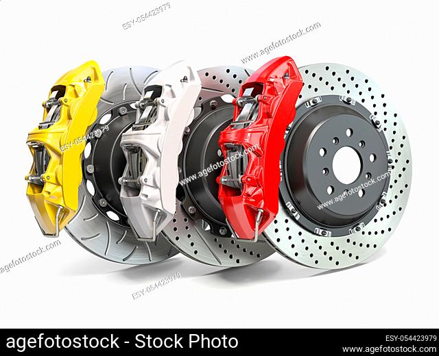 Braking system. Car brake disks with different perforations and calipers isolated on white background. 3d illustration