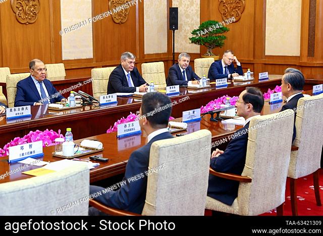 CHINA, BEIJING - OCTOBER 16, 2023: Russia's Minister of Foreign Affairs Sergei Lavrov (L back) and China's Minister of Foreign Affairs Wang Yi (R front) are...
