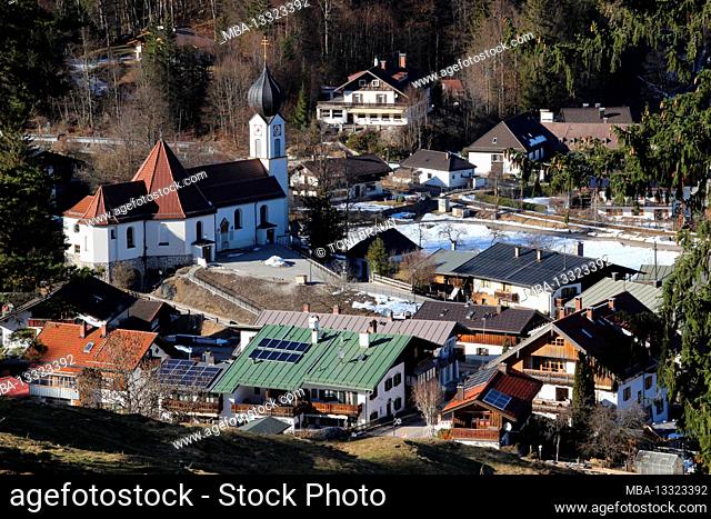 Church St. Johannes in Grainau, town overview, Europe, Germany, Bavaria, Upper Bavaria, Zugspitzland, Grainau
