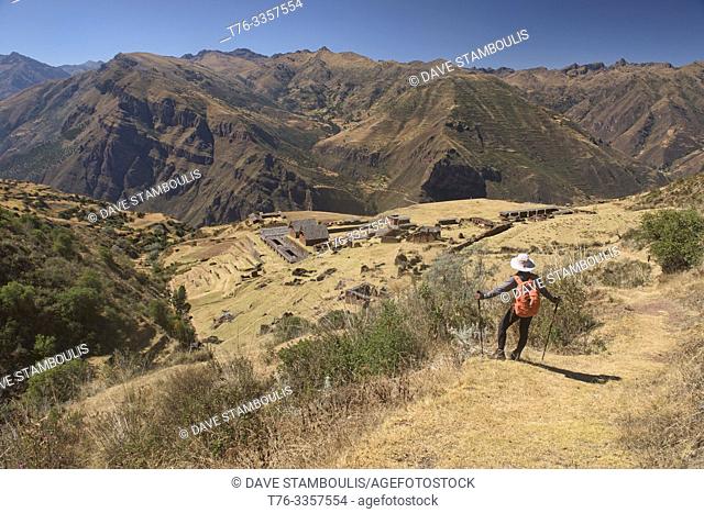 View of the remote Inca ruins of Huchuy Qosqo (""Little Cuzco""), Sacred Valley, Peru