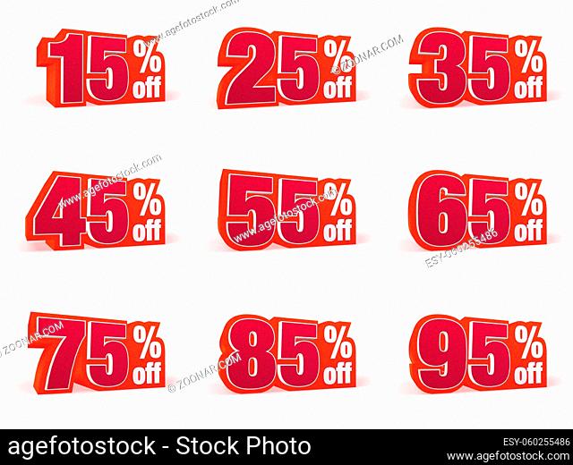 Discount price signs in red wool look, isolated on white background, 3D rendering, 15% off, 25% off, 35% off, 45% off, 55% off, 65% off, 75% off, 85% off