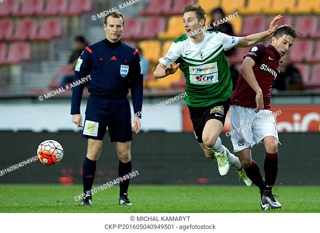 Jan Gregus of Jablonec, left, and Michal Sacek of Sparta in action during the Czech Football Association (CMFS) MOL Cup soccer replay match AC Sparta Praha vs...